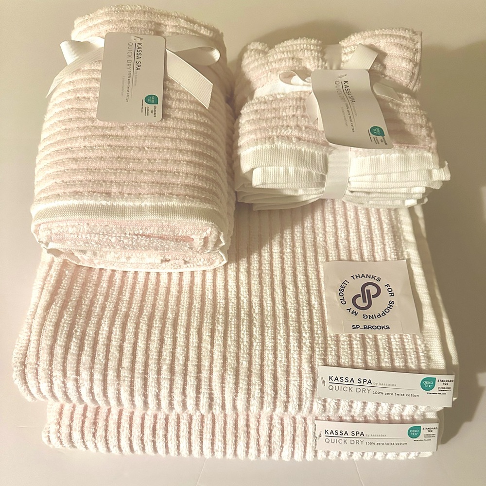 🎁8PC KASSA SPA by Kassatex QUICK DRY Bath Towel Set - Pink and White